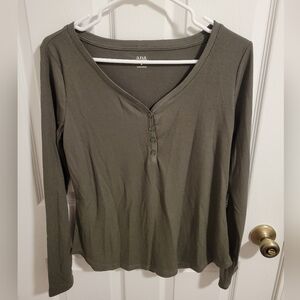 a.n.a Olive Green Henley Long Sleeve Top Medium